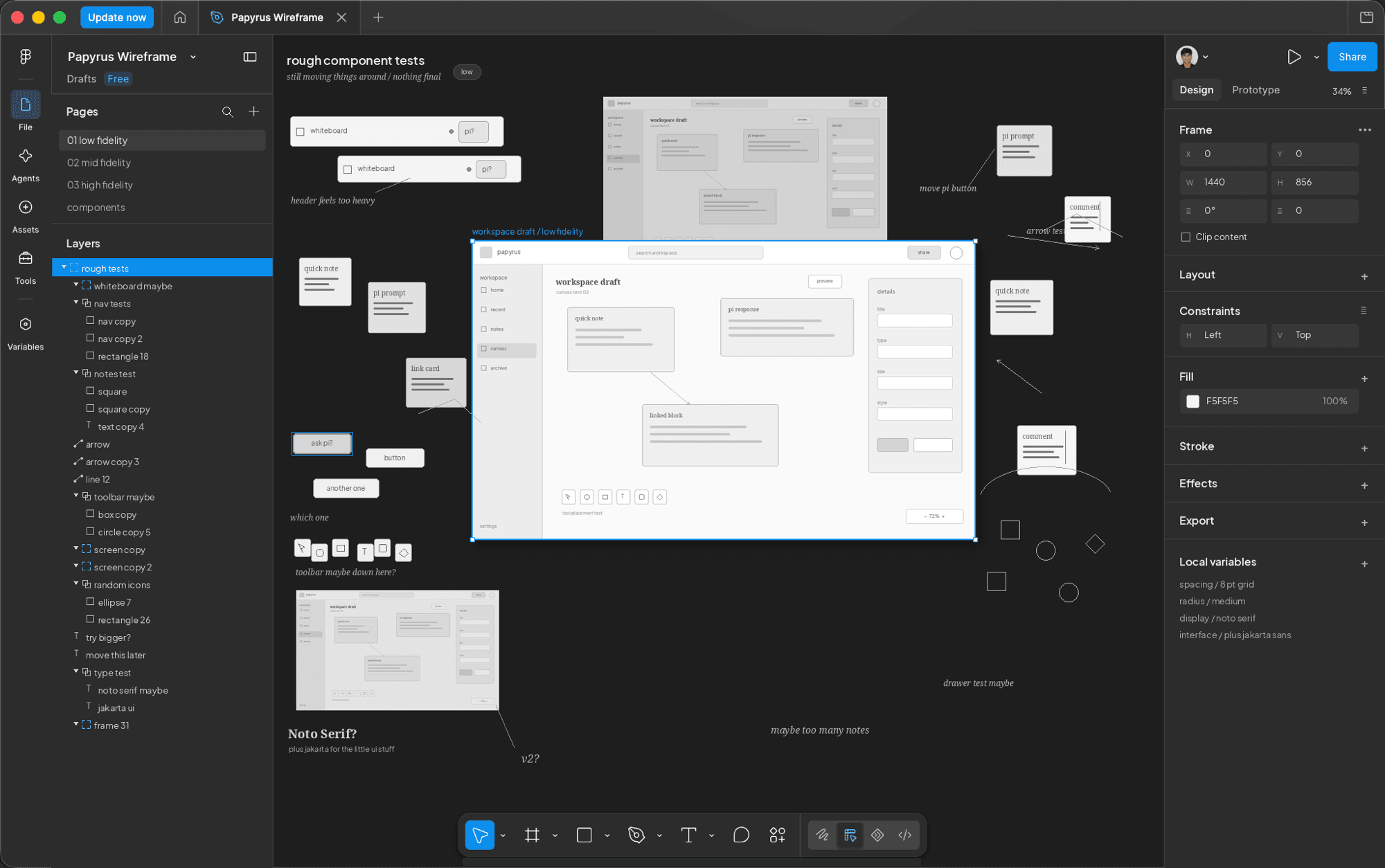 Rough component tests for Papyrus in Figma — scattered whiteboard headers, sticky notes, buttons, and a workspace draft screen with handwritten annotations questioning placement and hierarchy.